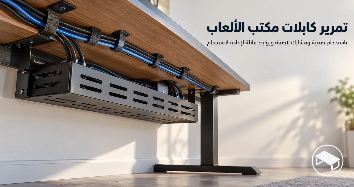 كابلات الكهرباء والأجهزة الطرفية منظّمة أسفل مكتب ألعاب باستخدام صينية كابلات ومشابك لاصقة وأربطة قابلة لإعادة الاستخدام
