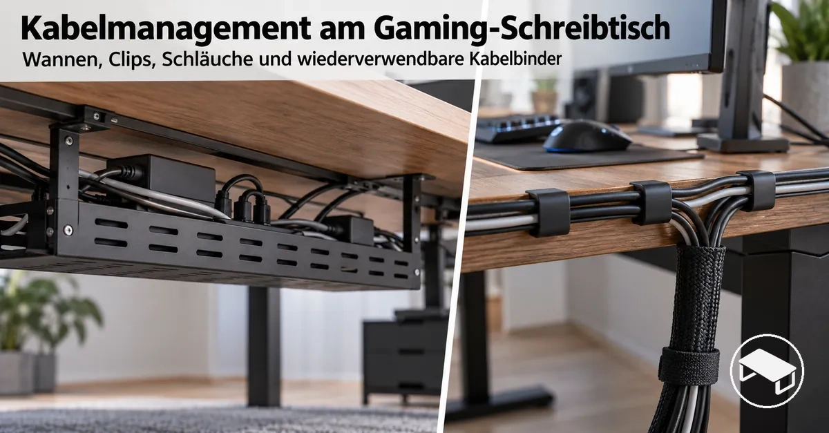 Kabelmanagement-Zubehör für Gaming-Schreibtische mit Kabelwanne unter der Tischplatte, Kabelclips, Kabelschläuchen und wiederverwendbaren Kabelbindern