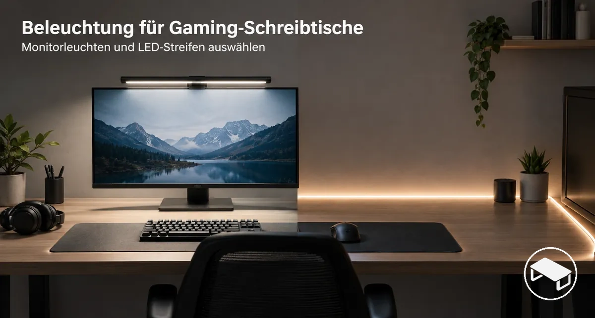 Gaming-Schreibtisch mit Monitorleuchte und LED-Streifen rund um die Tischfläche