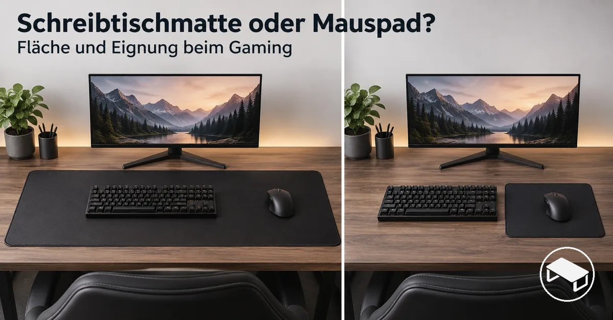Große Gaming-Schreibtischmatte und kleineres Gaming-Mauspad nebeneinander zum Vergleich der abgedeckten Tischfläche