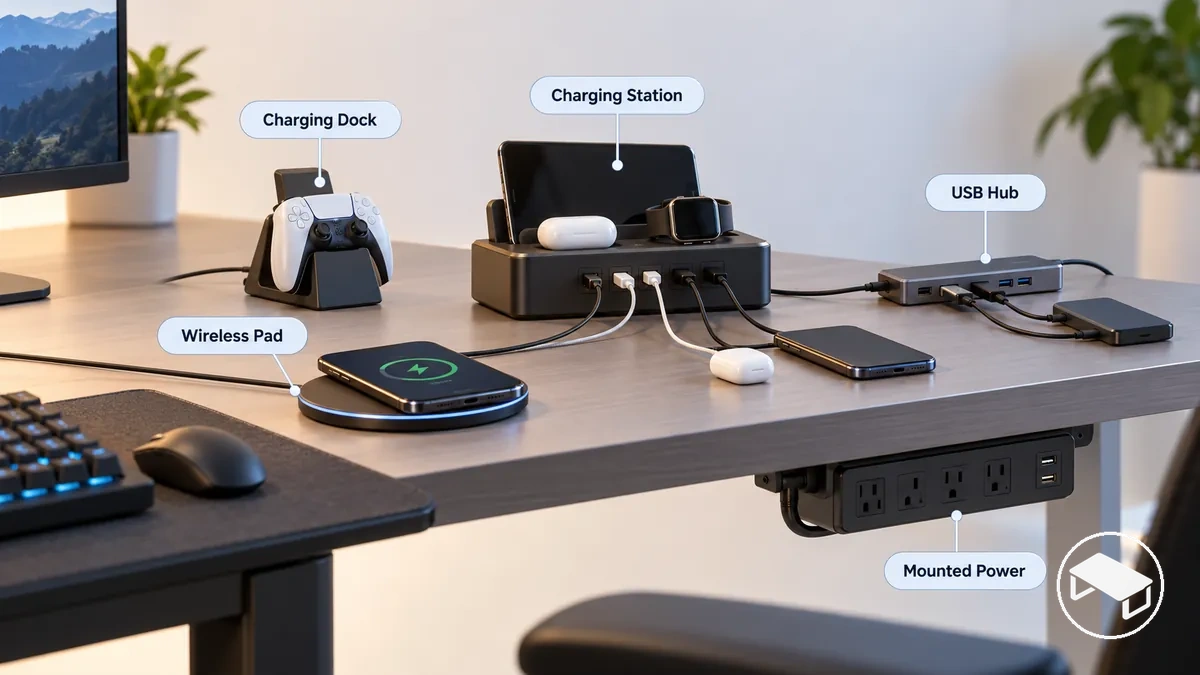 Ladestation, Ladedock, USB-Hub, kabellose Ladefläche und montierter Stromzugang für Gaming-Schreibtische nach Funktion dargestellt