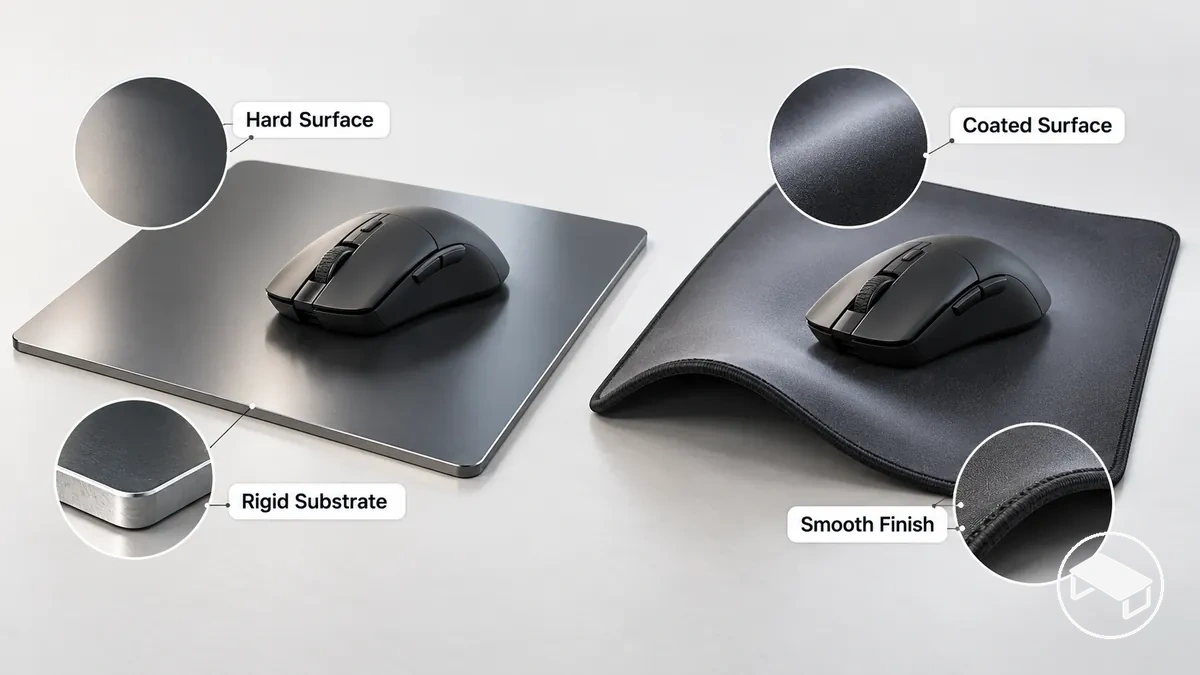 Starre harte Oberfläche einer Gaming-Schreibtischmatte neben einer flexiblen beschichteten glatten Oberfläche mit Unterschieden bei Trägermaterial und Finish