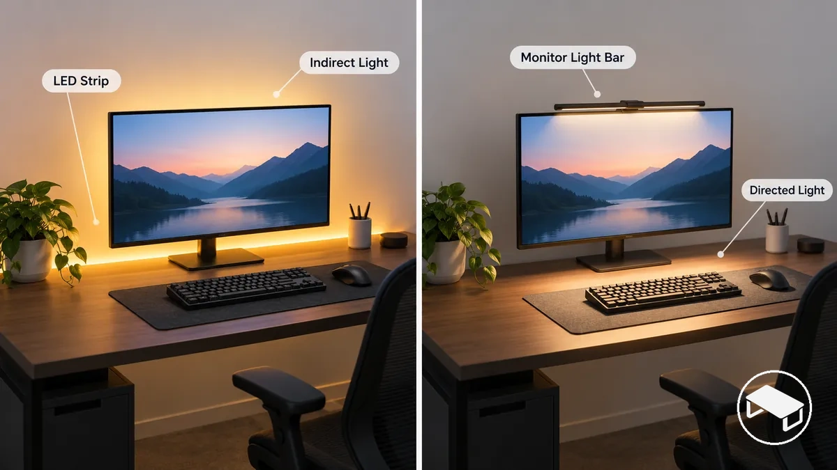 Gaming-Schreibtisch mit einem LED-Streifen hinter dem Monitor, der indirektes Hintergrundlicht abgibt, und einer Monitorlichtleiste, die Licht auf die Arbeitsfläche richtet