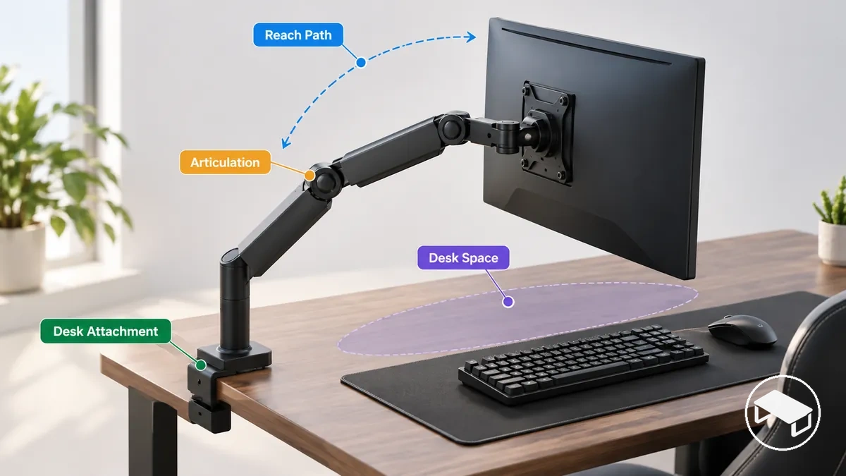 Tischmontierter Monitorarm mit Tischbefestigung, Gelenken und Positionierbereich für den Monitor