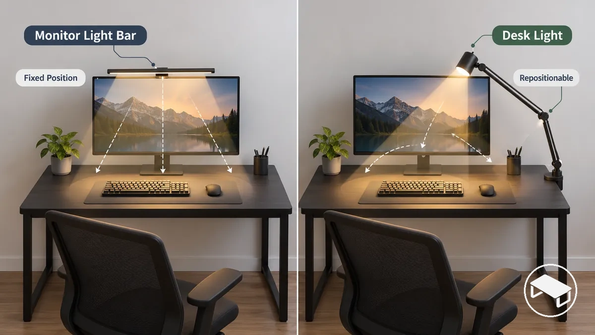 Kompakter Gaming-Schreibtisch mit einer Monitorlichtleiste über dem Bildschirm, einer umstellbaren Schreibtischleuchte und deren Strahlrichtungen über die Arbeitsfläche
