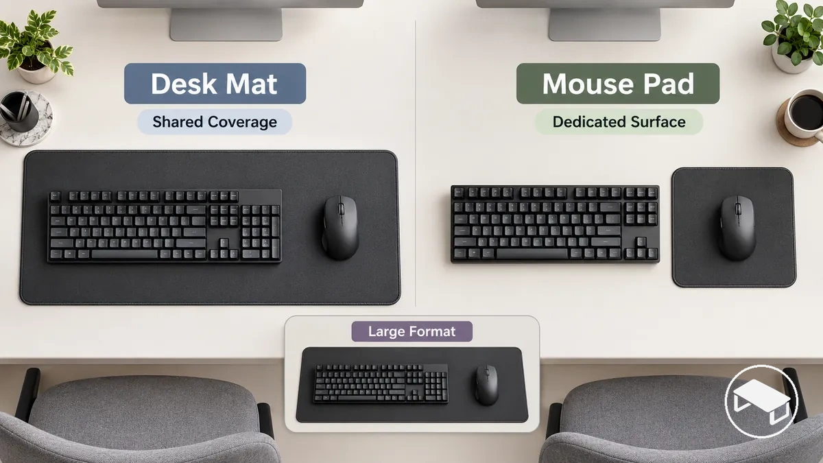 Schreibtischmatte, die sich unter Tastatur und Maus erstreckt, neben einem kleineren Mauspad mit dedizierter Mausfläche