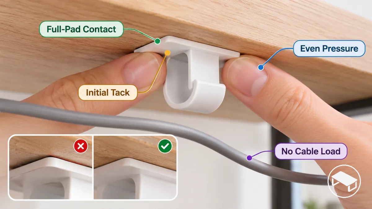 Klebe-Kabelclip gleichmäßig auf eine Schreibtischfläche gedrückt, bevor das Kabel belastet wird