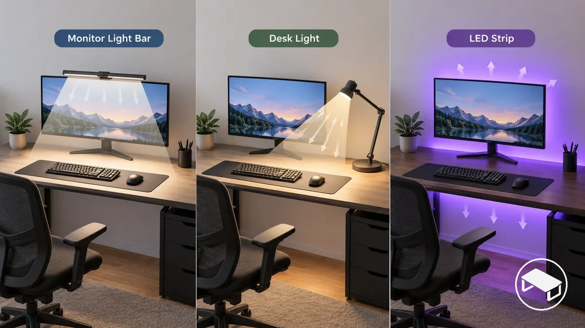 Gaming-Schreibtisch im Vergleich einer Monitorlichtleiste, einer Schreibtischleuchte und eines LED-Streifens nach Platzierung und Lichtrichtung