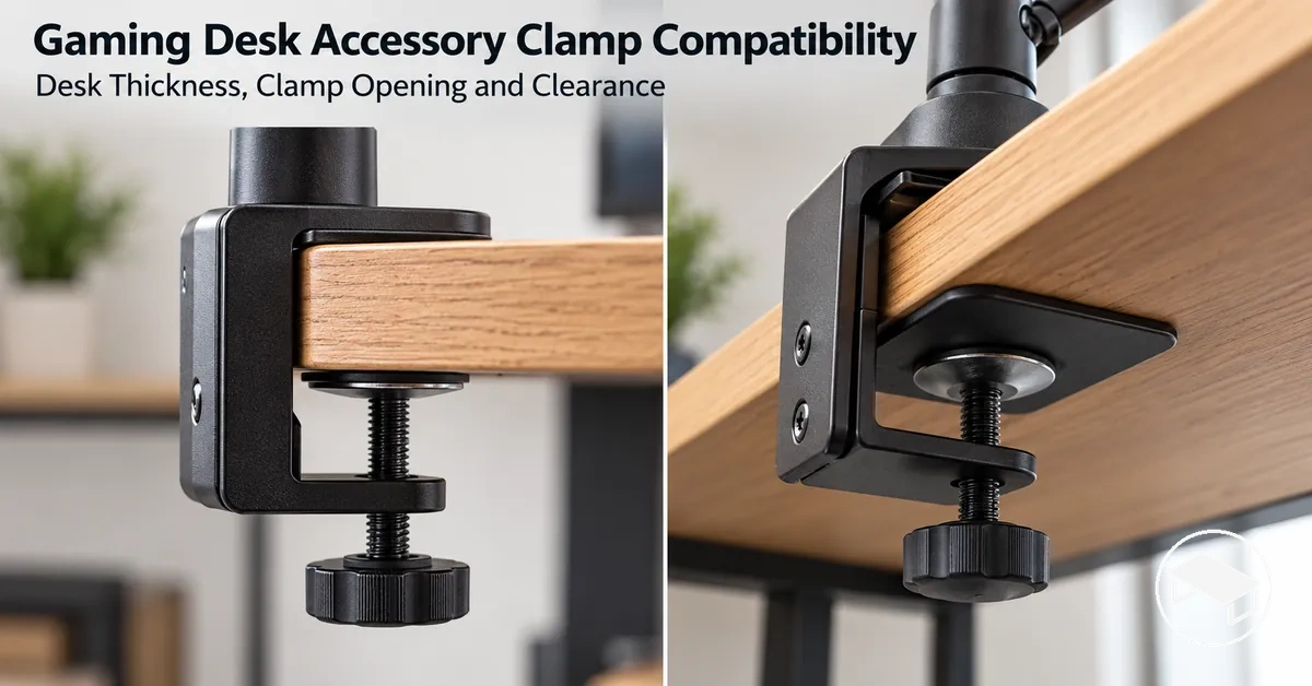 Gaming desk mounting clamp showing the desk edge thickness, clamp opening and clearance beneath the surface