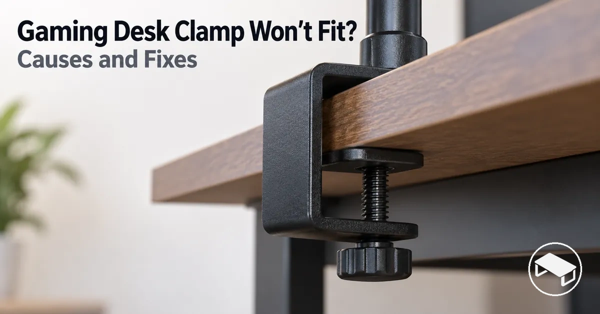 Gaming desk accessory mounting clamp positioned against a desk edge with insufficient clearance for secure attachment