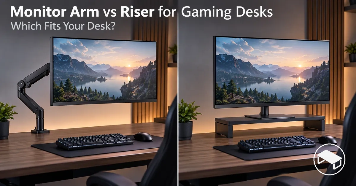 Side-by-side comparison of a monitor arm and a monitor riser on gaming desks showing their different support arrangements