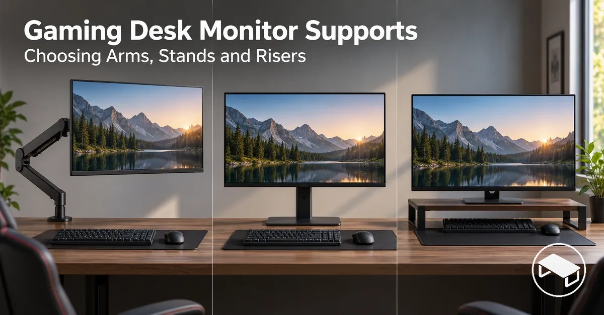 Gaming desk monitor support options including an adjustable monitor arm, desktop stand and monitor riser