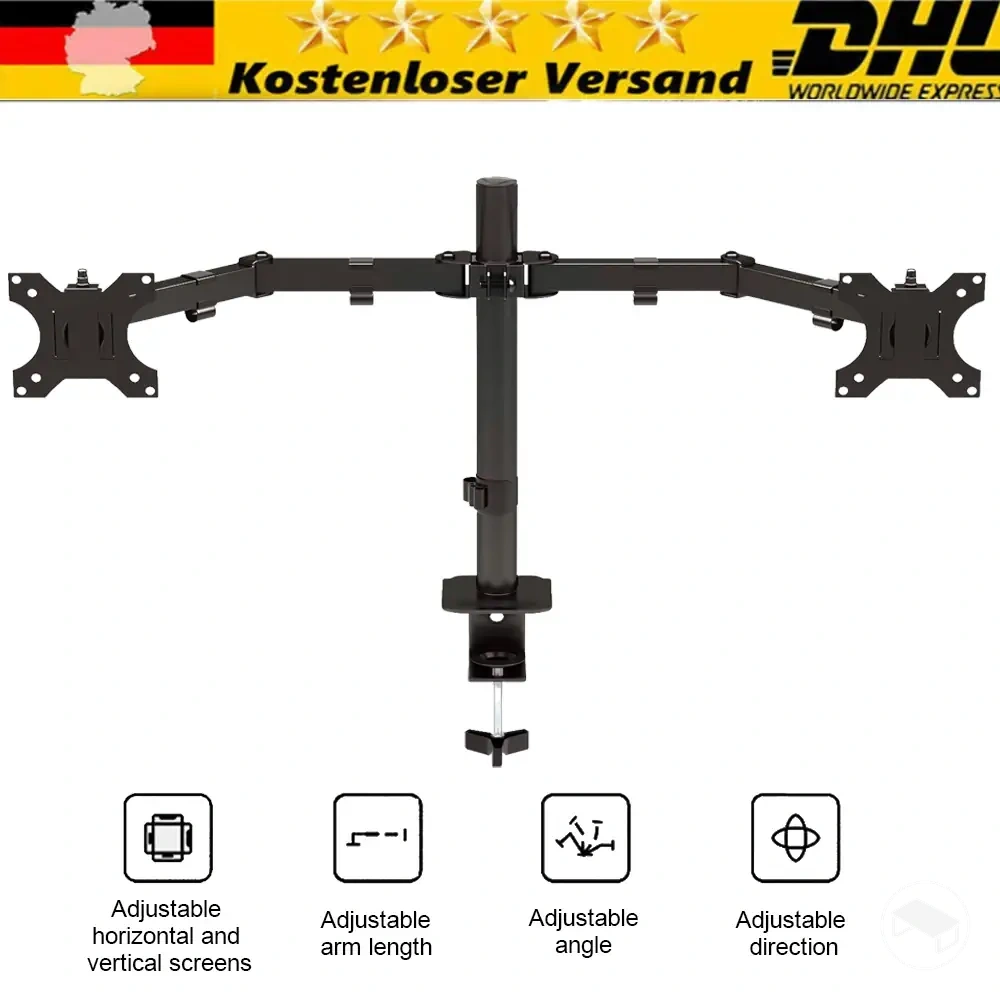 Adjustable dual monitor desk mount for 15–32-inch screens with a C-clamp base