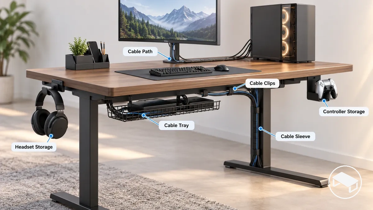 Gaming desk with under-desk cable management, headset holder and controller storage showing organized cable paths and cleared surface space