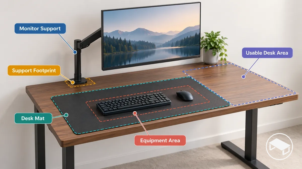 Gaming desk with a monitor support and desk mat showing their effect on equipment placement and usable surface area