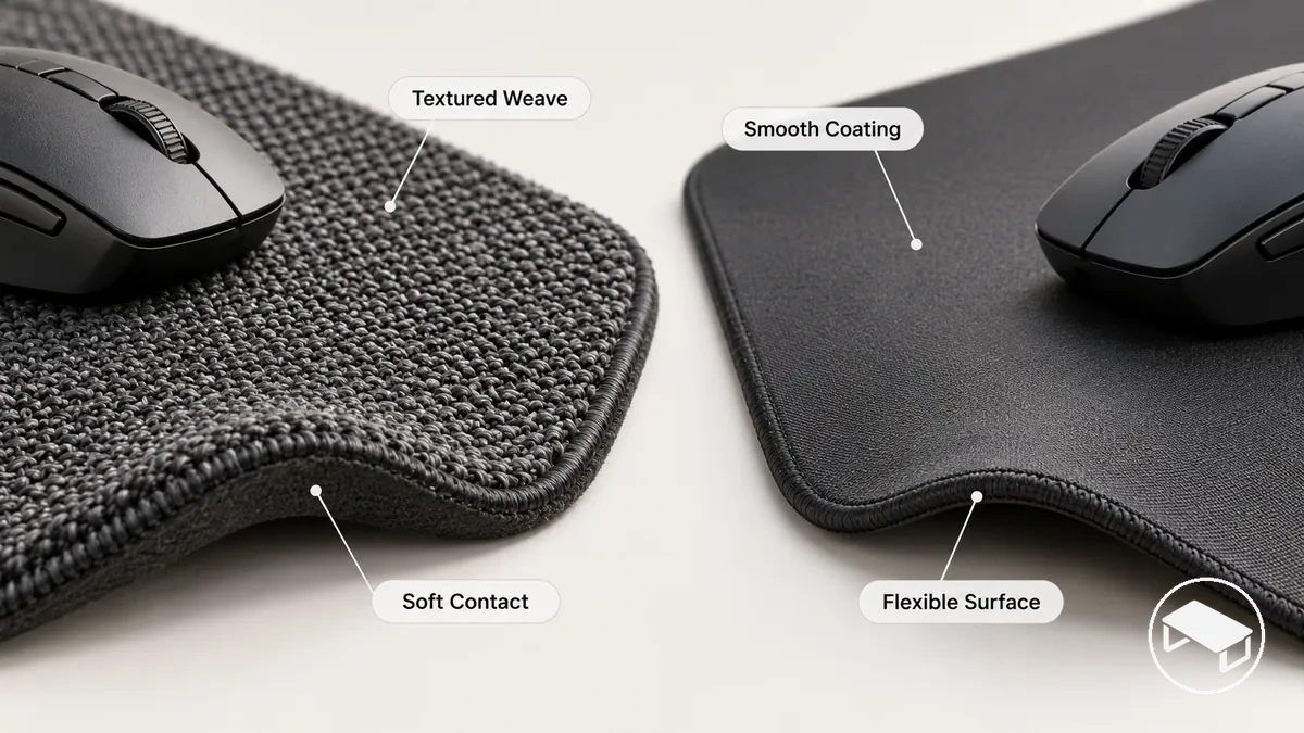 Close-up gaming desk mat fabric surfaces showing textured woven cloth and smoother coated cloth