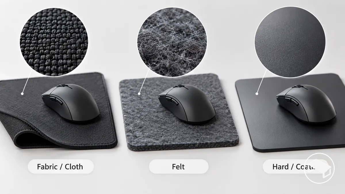 Gaming desk mat samples showing fabric, felt, hard and coated smooth surface textures