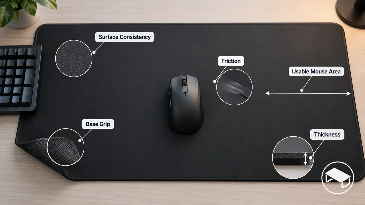 Desk mat used with a gaming mouse, showing a consistent usable mouse area and stable contact with the desk surface