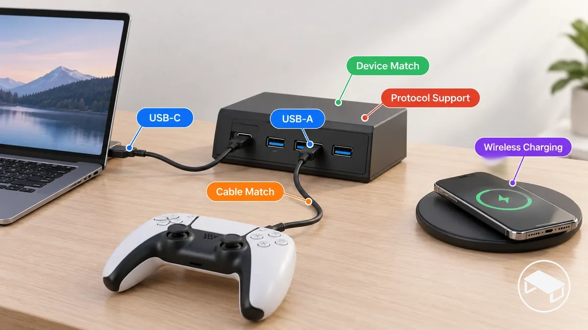 USB-C and USB-A charging ports connected to different desk devices to show port and charging compatibility