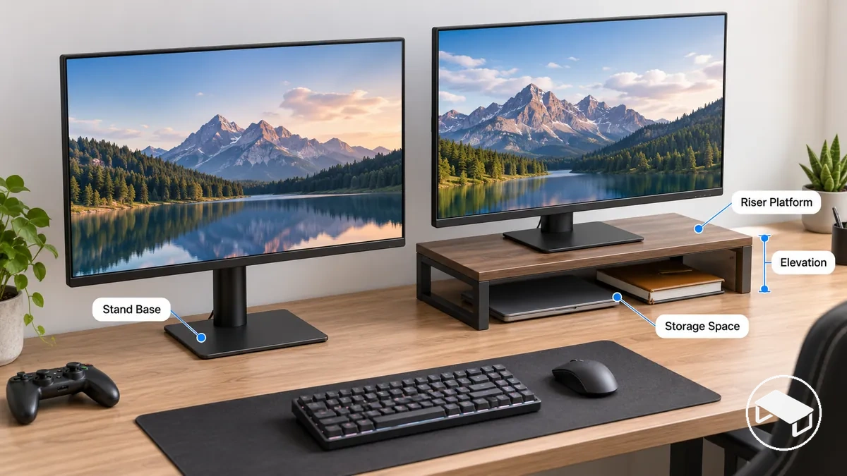 Desktop monitor stand and monitor riser showing their different bases, elevation and desk-space use