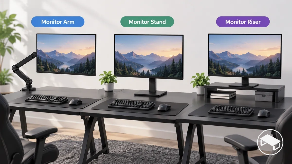 Monitor arm, desktop stand and monitor riser shown as three gaming desk monitor support types
