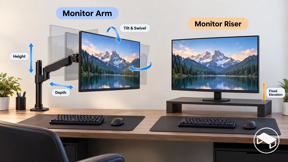 Gaming monitor on an adjustable monitor arm showing vertical, depth, tilt and swivel movement beside a gaming monitor at a more fixed elevation on a monitor riser