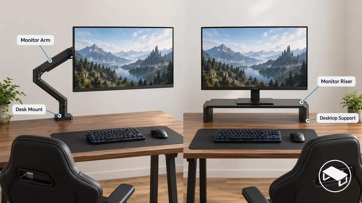 Gaming monitor supported by a desk-mounted monitor arm compared with a gaming monitor on a desktop riser