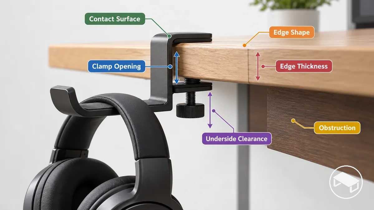 Annotated clamp-on headset holder showing desk-edge thickness, clamp opening, underside clearance and obstruction
