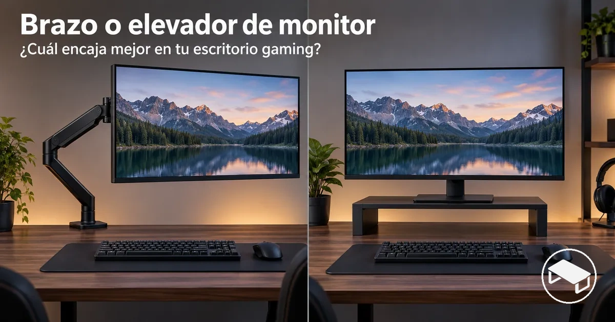 Comparación lado a lado de un brazo para monitor y un elevador sobre escritorios gaming, mostrando sus diferentes formas de sujeción