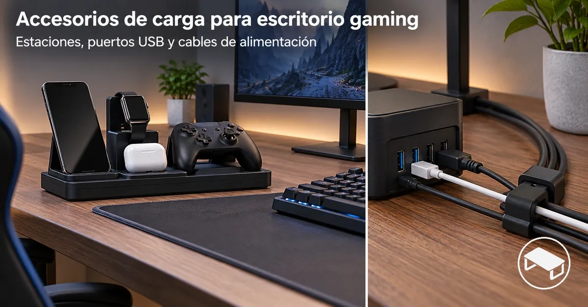 Escritorio gaming con una estación de carga, puertos USB y cables de alimentación organizados