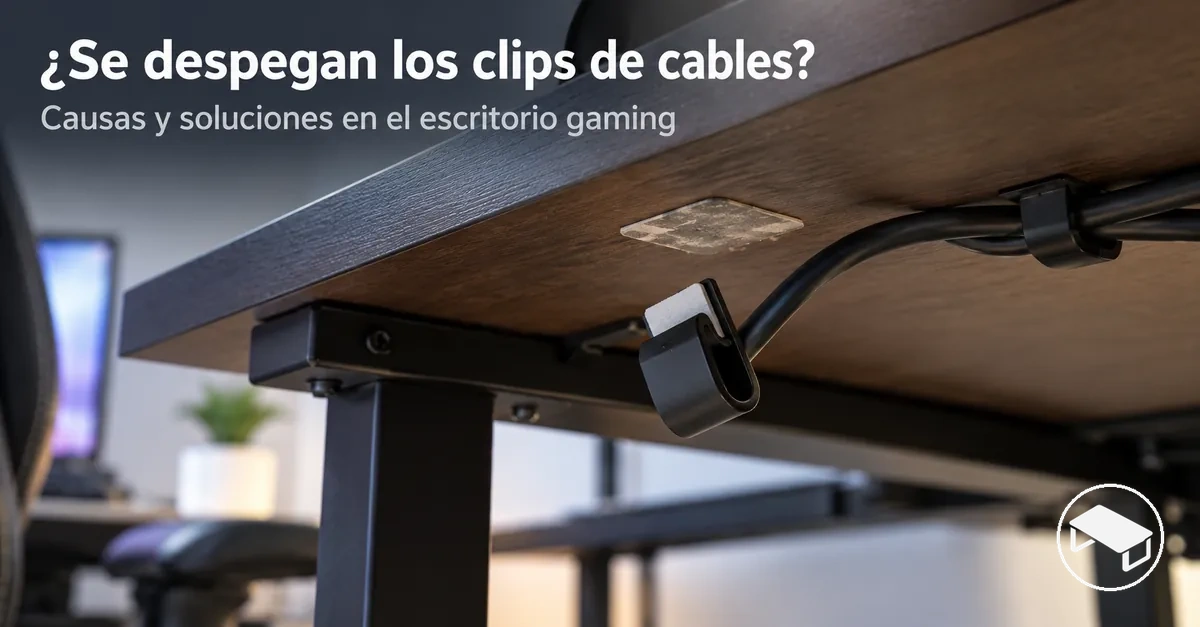Clip adhesivo para cables despegado bajo un escritorio gaming, con un cable suelto junto al punto de fijación