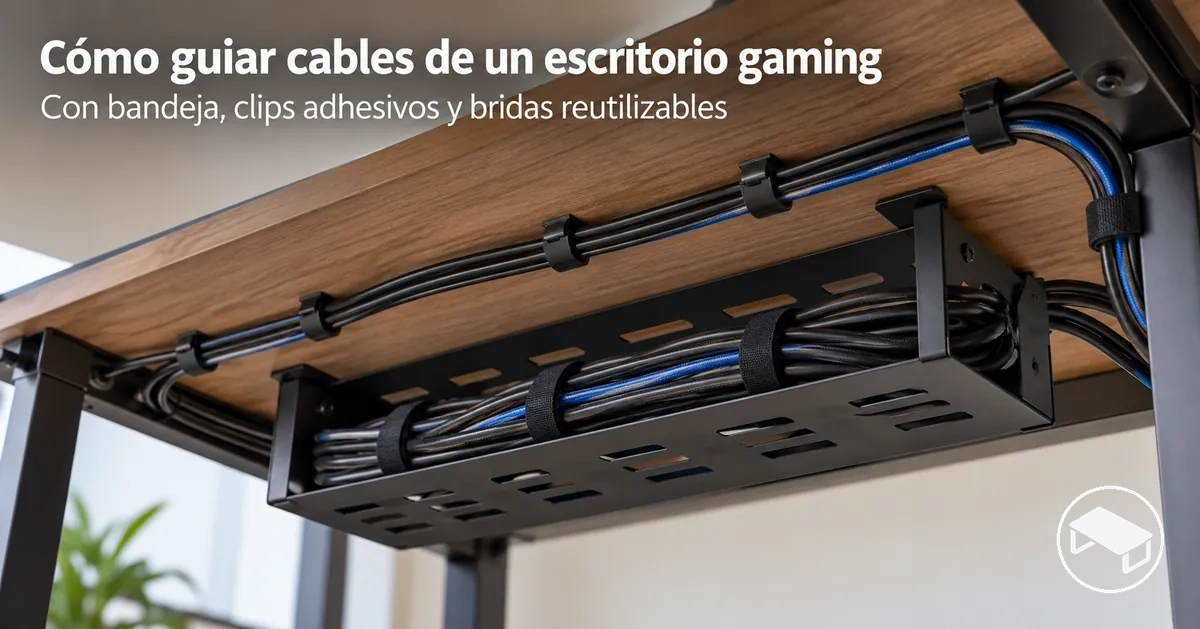 Cables de alimentación y periféricos guiados bajo un escritorio gaming mediante una bandeja, clips adhesivos y bridas reutilizables