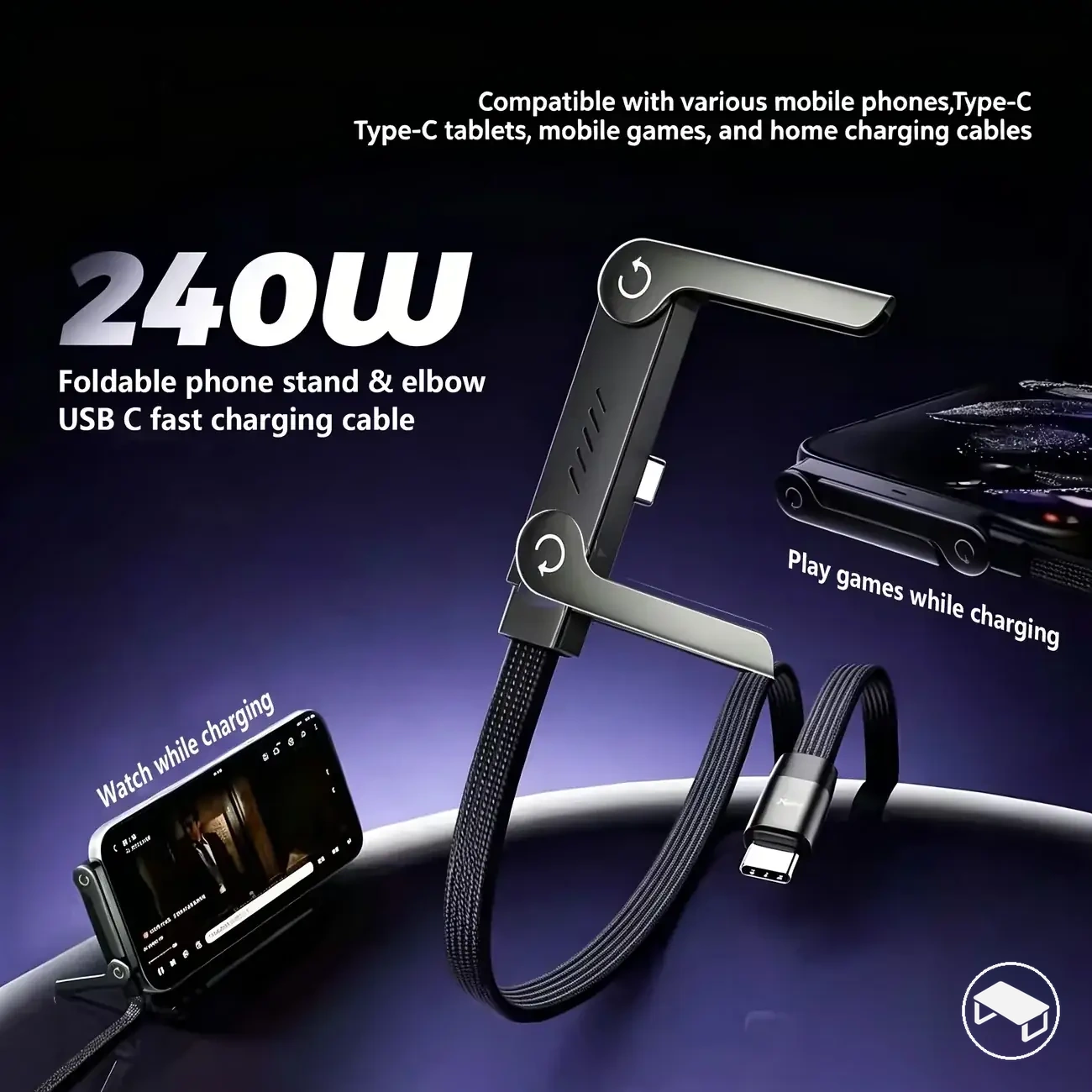 Cable de carga USB-C a USB-C de 240 W con soporte plegable integrado