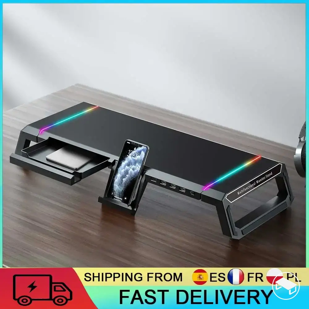 Elevador plegable RGB para monitor con cuatro puertos USB y bandeja de almacenamiento