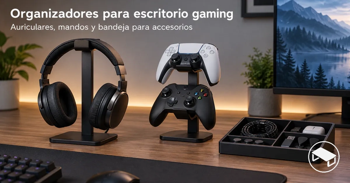 Escritorio gaming con soporte para auriculares, soportes para mandos y una bandeja organizadora para accesorios pequeños
