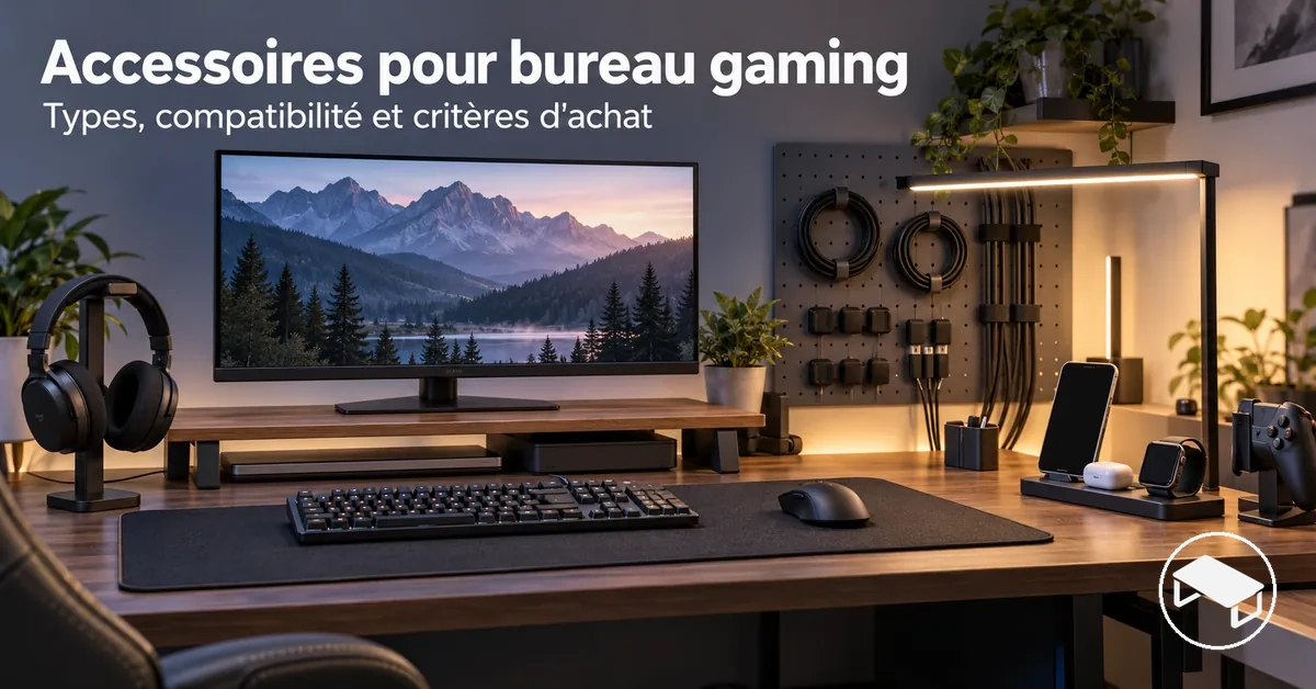 Bureau gaming équipé d’un support d’écran, d’un tapis de bureau, d’organisateurs de câbles, d’un support de casque, d’un éclairage et d’accessoires de recharge