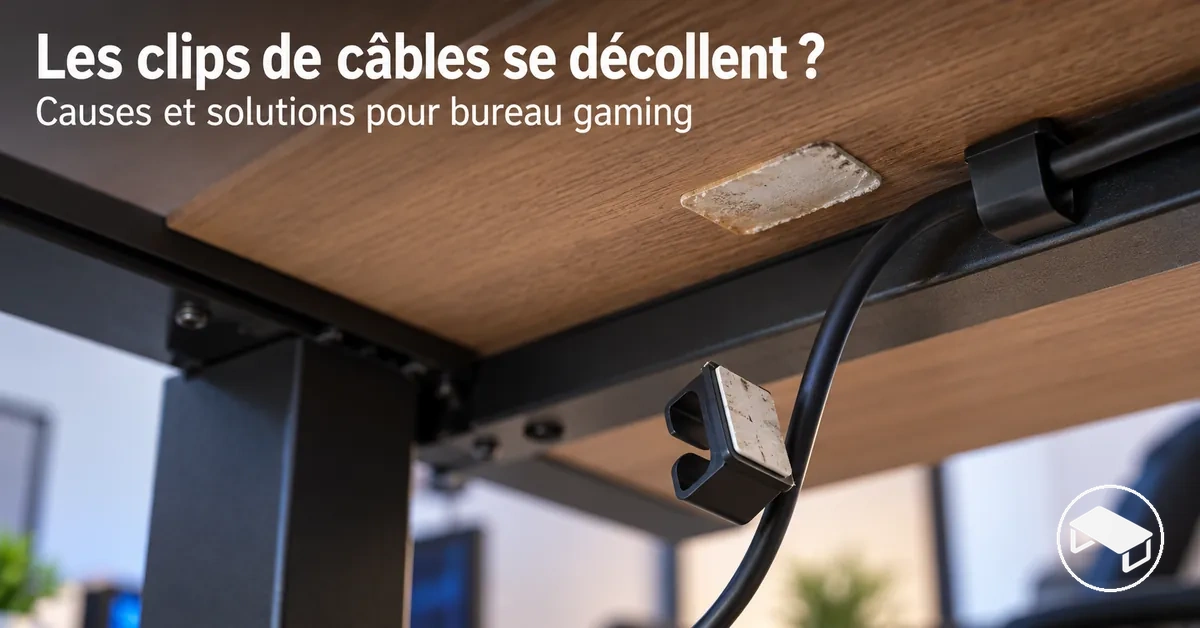 Clip de câble adhésif décollé sous un bureau gaming, avec un câble lâche à côté de son point de fixation
