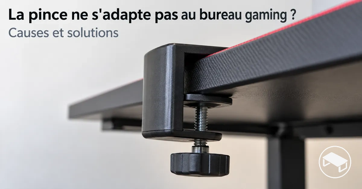 Pince de fixation d’un accessoire placée contre le bord d’un bureau gaming, avec un espace insuffisant pour la serrer correctement