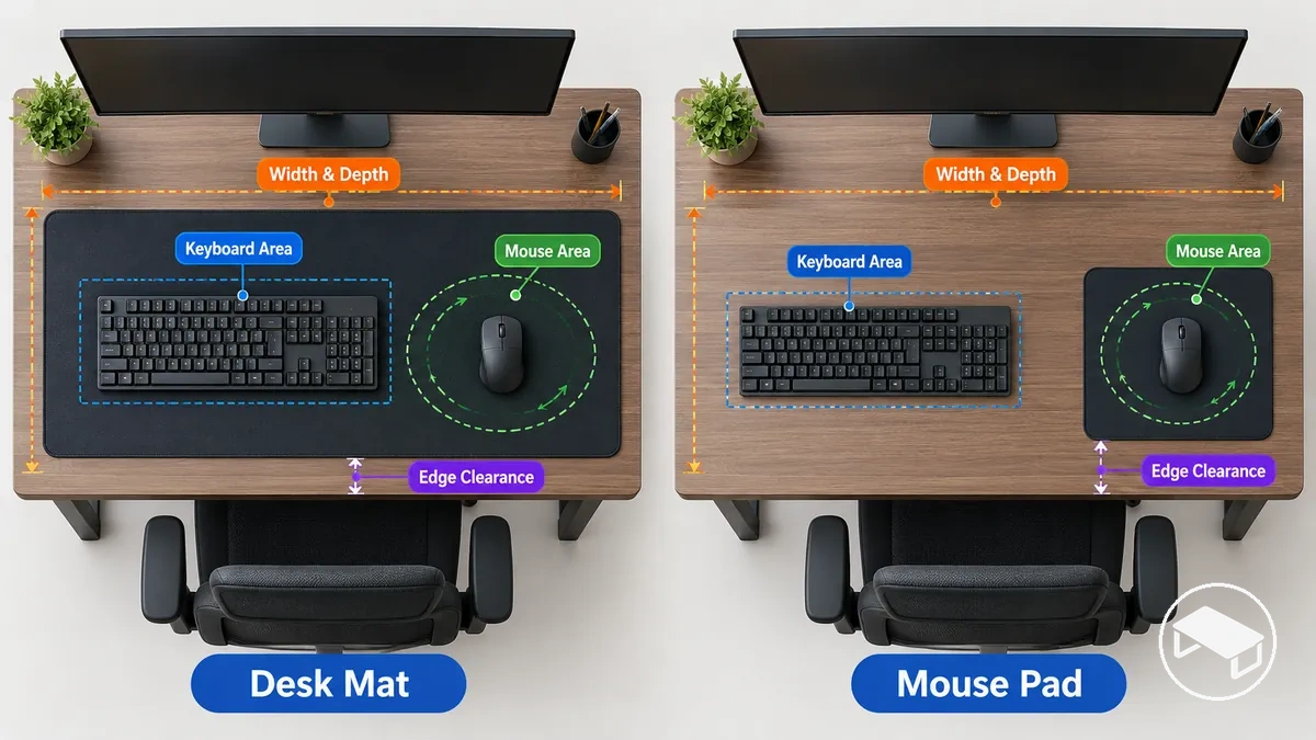 Agencements de tapis de bureau et de tapis de souris montrant les différences de placement du clavier, de zone de souris utile et de couverture du plan de travail