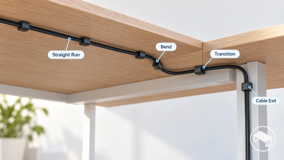 Trajet de câbles sous le bureau montrant des clips au niveau d'une courbe, d'une transition de surface et d'une sortie de câble, avec moins de points de support le long d'un passage rectiligne