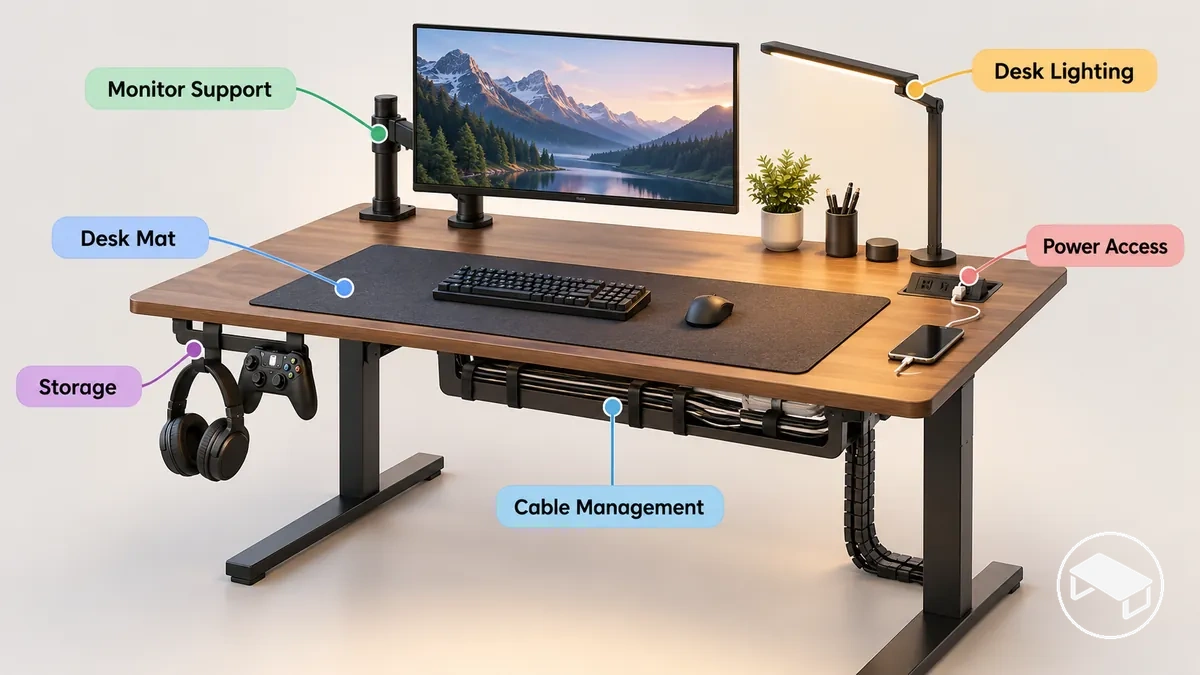 Bureau gaming annoté montrant un support d'écran, un tapis de bureau, la gestion des câbles, le rangement, l'éclairage et la recharge dans leurs positions typiques d'installation