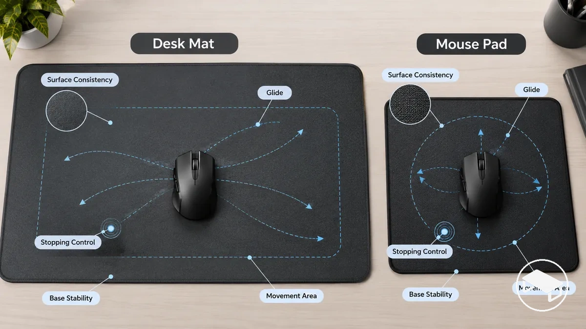 Souris gaming sur une surface stable avec une zone de mouvement visible illustrant le glissement, le contrôle de l'arrêt et la zone de mouvement utile