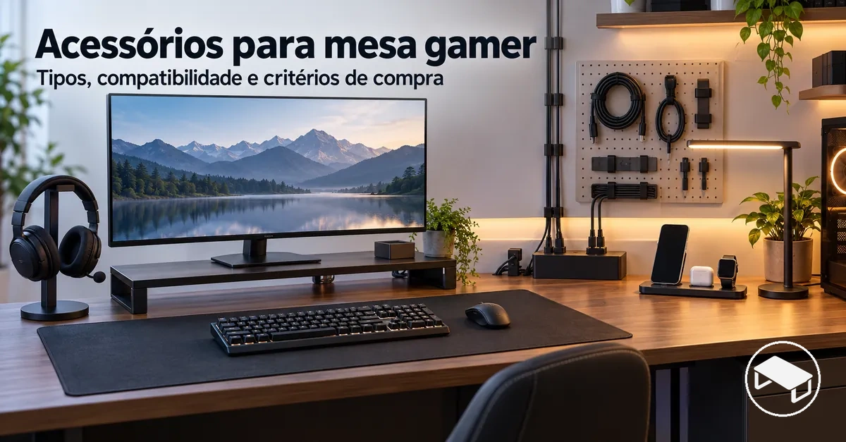Mesa gamer com suporte de monitor, mouse pad estendido, organizadores de cabos, suporte para headset, iluminação e acessórios de carregamento
