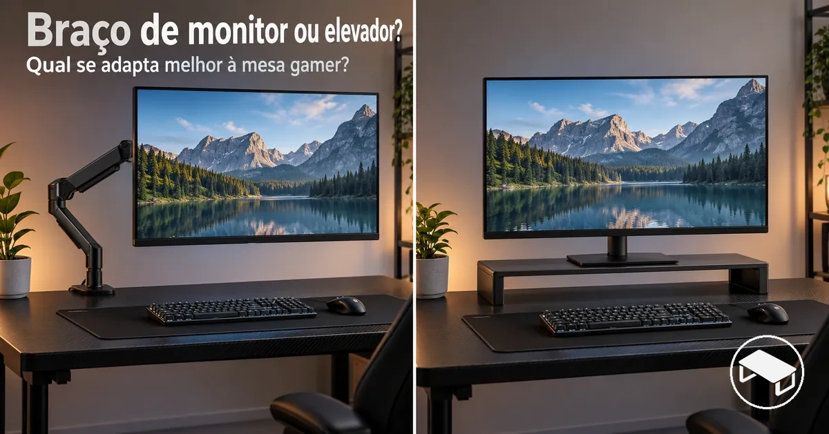 Comparação lado a lado de um braço articulado e um elevador de monitor em mesas gamer, mostrando suas diferentes formas de apoio