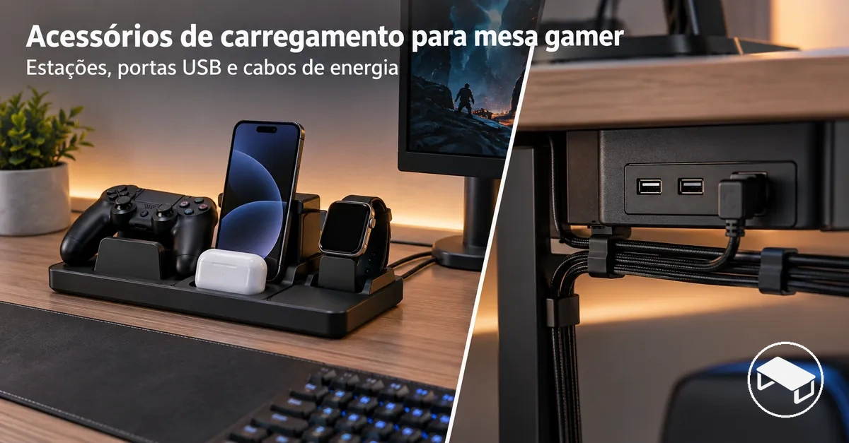 Mesa gamer com estação de carregamento, portas USB e cabos de alimentação organizados