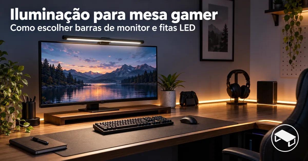 Mesa gamer iluminada por uma barra de luz para monitor e fitas LED posicionadas ao redor do tampo