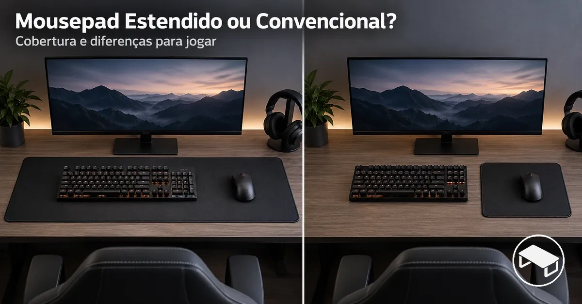 Mouse pad estendido e mouse pad convencional posicionados lado a lado para comparar a área que ocupam sobre a mesa