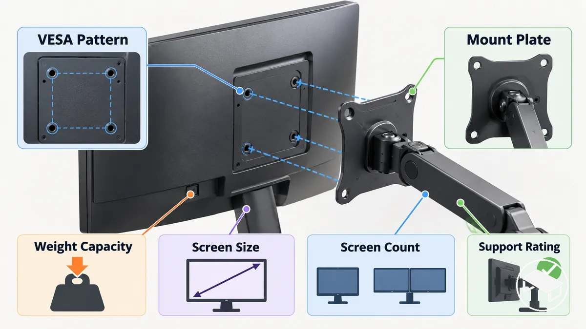 Diagrama de compatibilidade de monitor mostrando verificações de alinhamento VESA, capacidade de peso, tamanho de tela e contagem de telas para um suporte de monitor