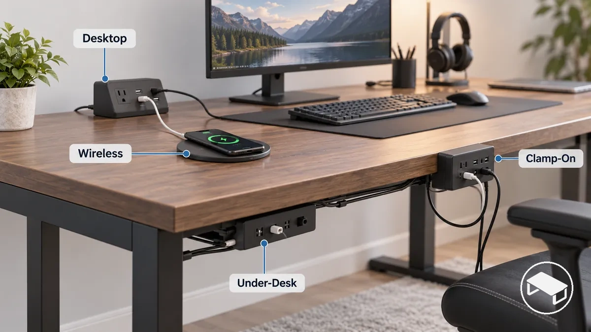 Mesa gamer mostrando posicionamentos de carregamento e acesso à energia sobre a mesa, sem fio, por braçadeira e sob a mesa