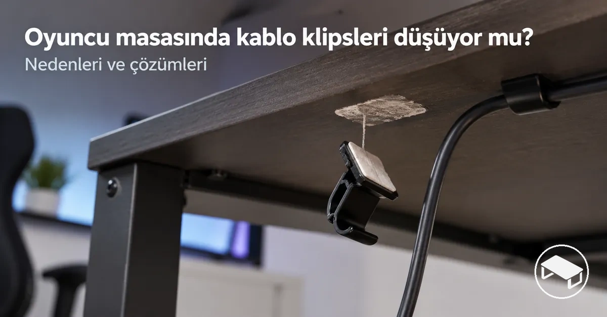 Oyuncu masasının altında yerinden çıkıp sarkan yapışkanlı kablo klipsi ve montaj yerinin yanındaki gevşek kablo